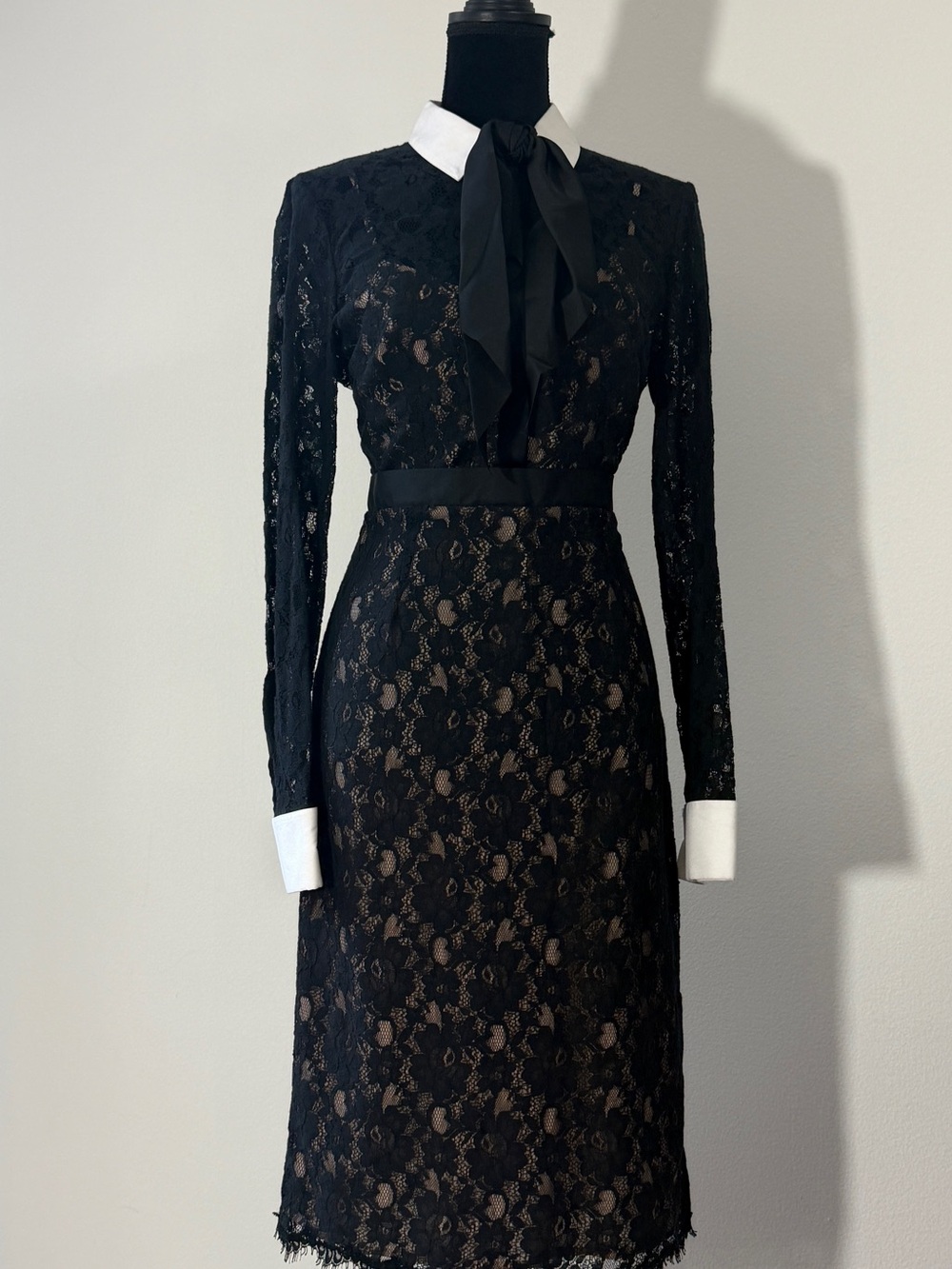 BCBGMaxAzria Black Lace Long-Sleeve Dress with White Collar & Cuffs